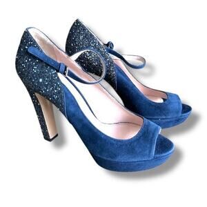 Miu Miu Navy Blue platform glitter embellished Mary Jane peep toe Size: 38.5 IT
